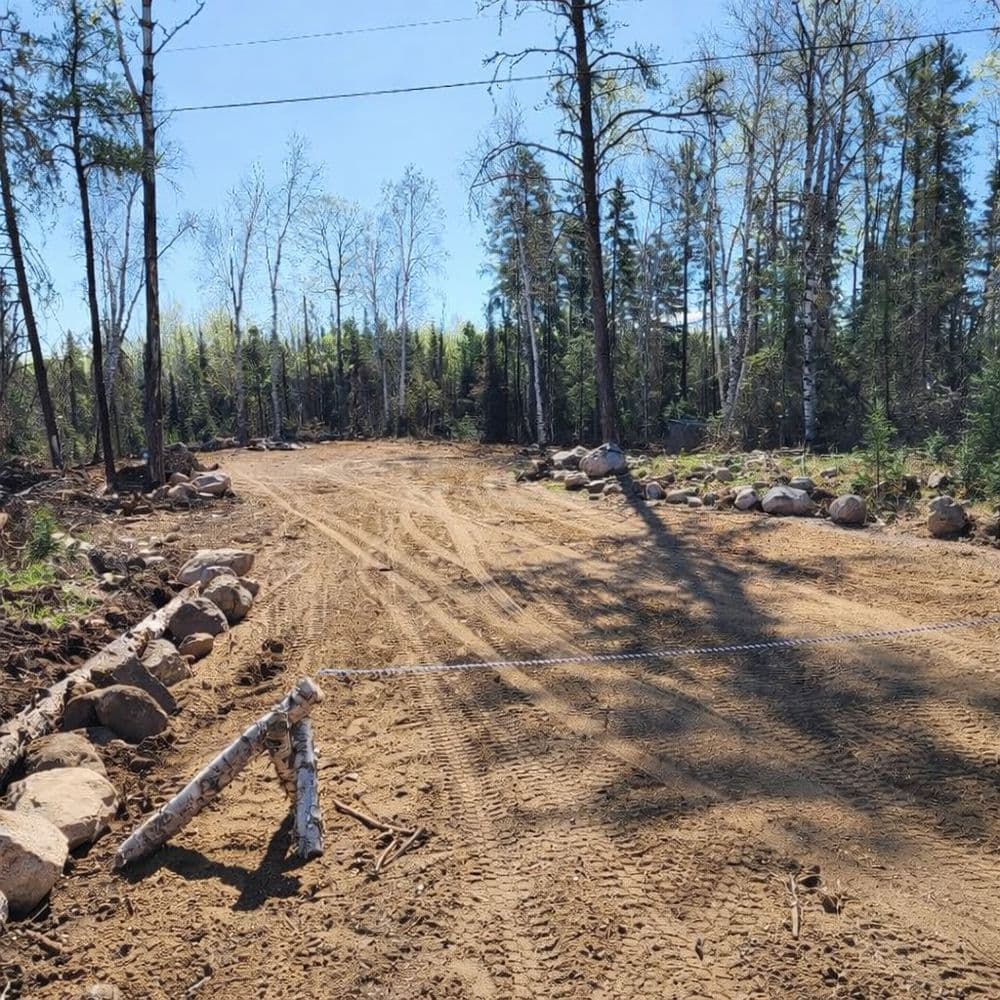 Dirt road in forested area, bordered by rocks and trees, under clear blue sky.